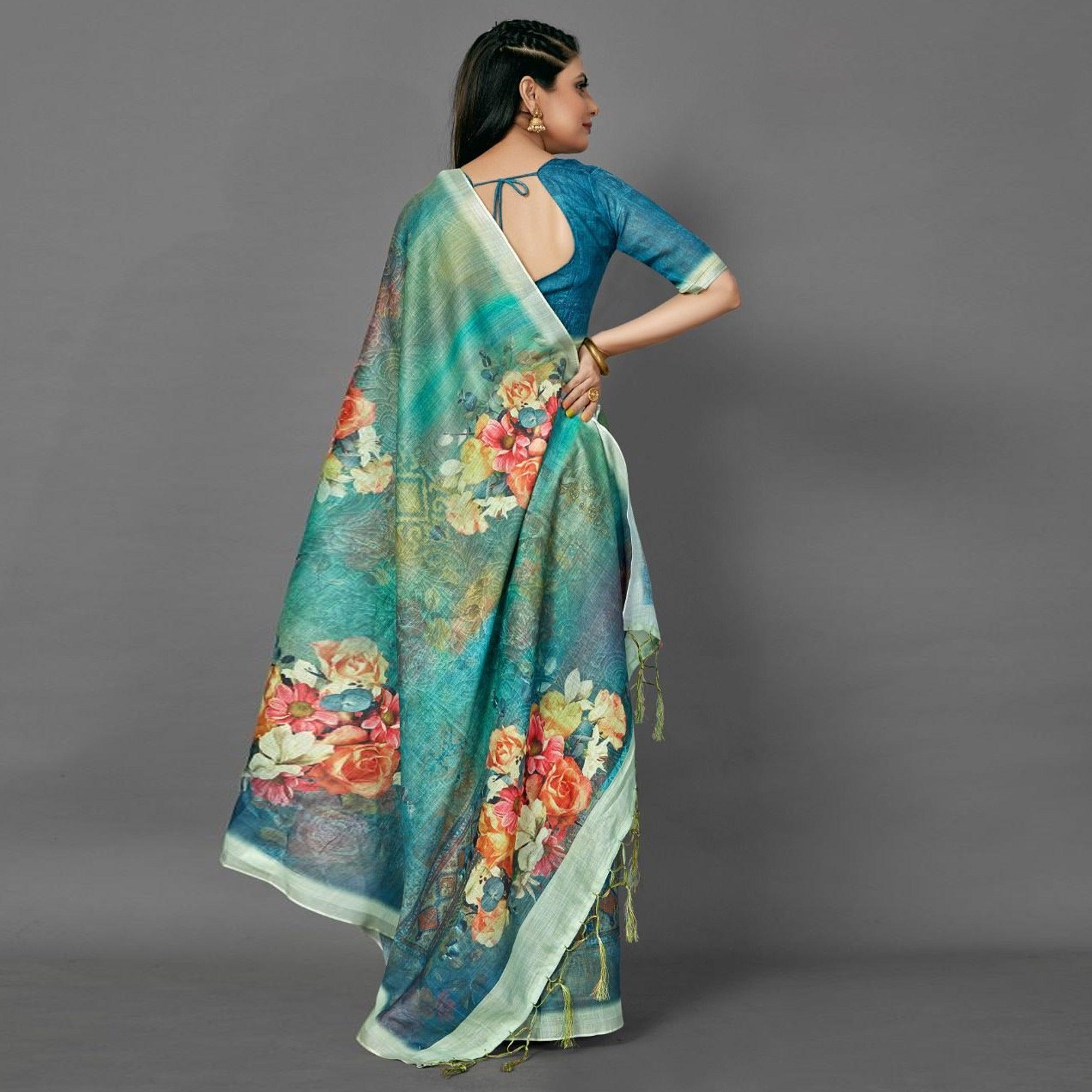 Green Casual Pure Linen Digital Print Saree With Unstitched Blouse - Peachmode