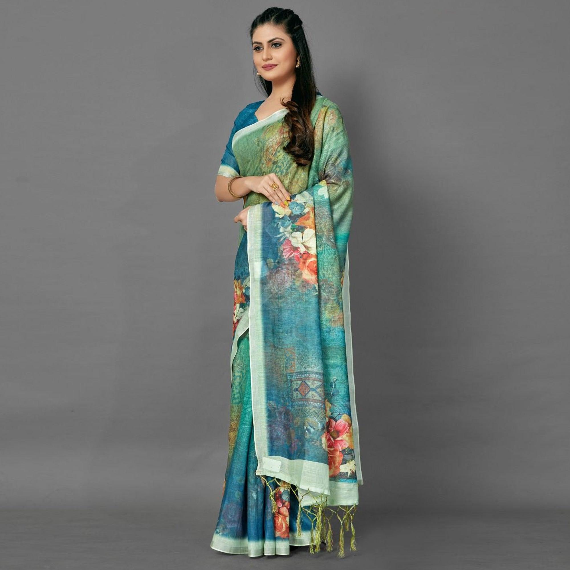 Green Casual Pure Linen Digital Print Saree With Unstitched Blouse - Peachmode
