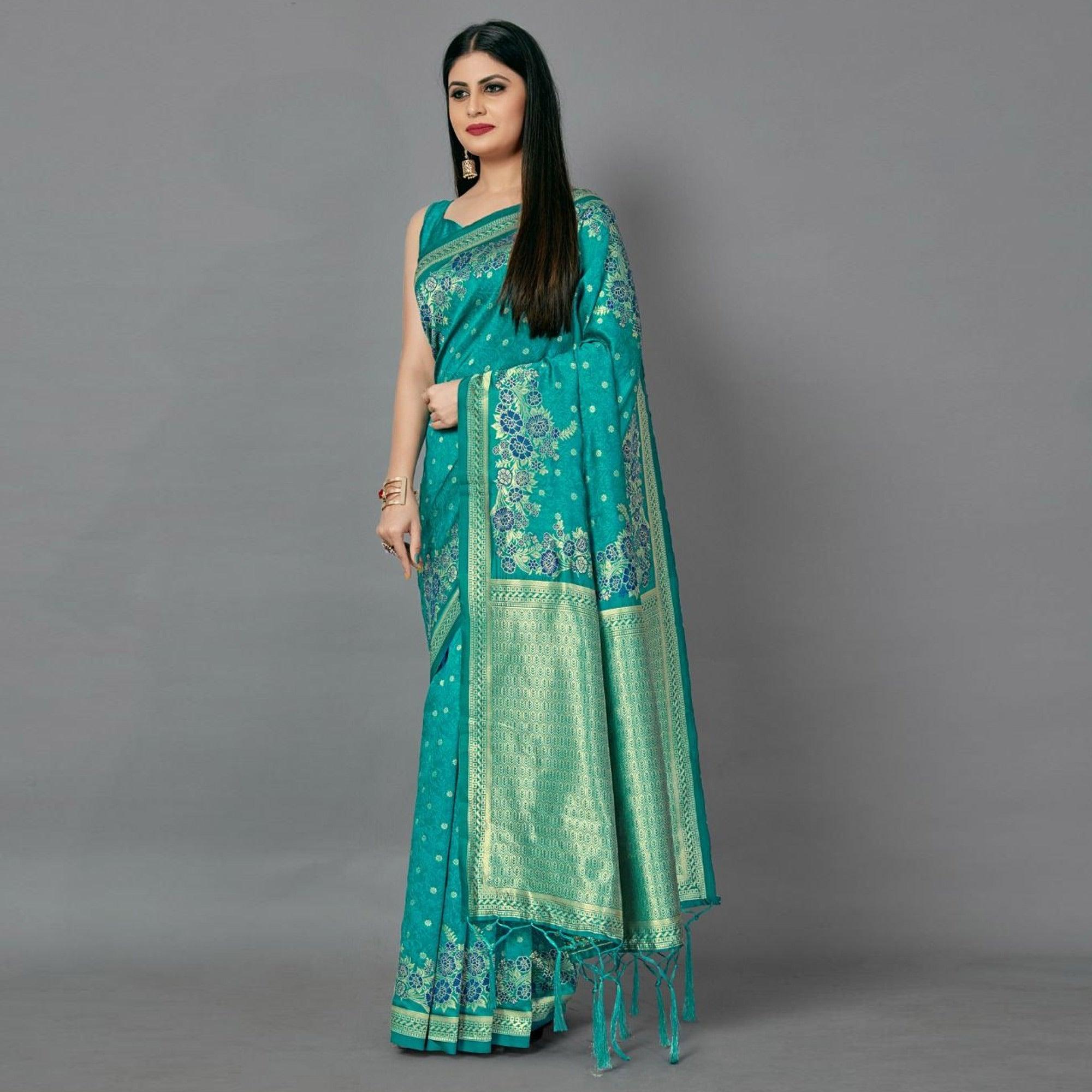 Green Casual Silk Blend Printed Saree With Unstitched Blouse - Peachmode