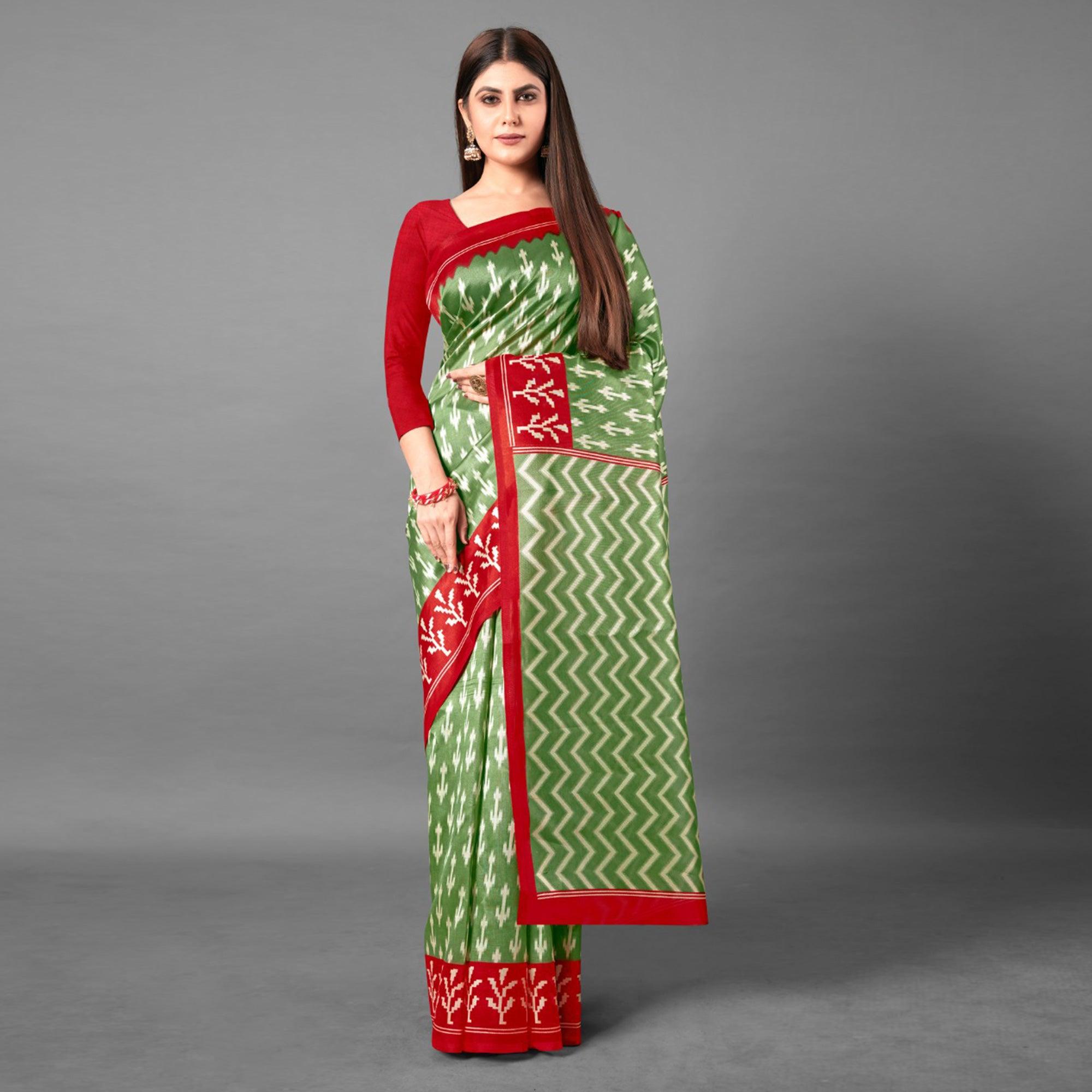 Green Casual Wear Abstract Art Silk Saree - Peachmode