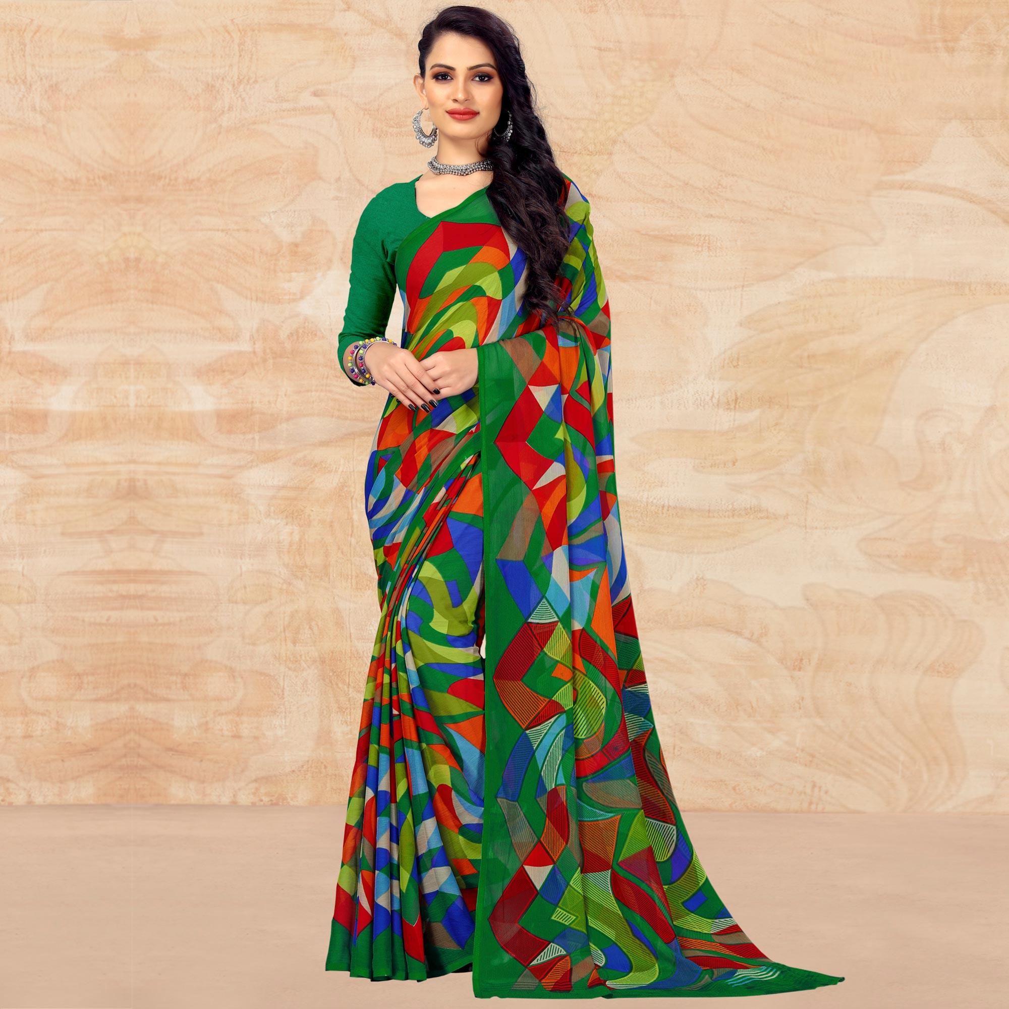 Green Casual Wear Abstract Printed Chiffon Saree - Peachmode
