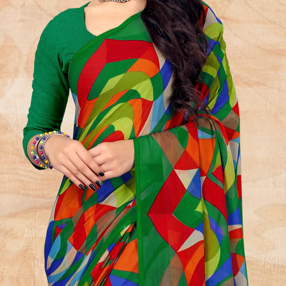 Green Casual Wear Abstract Printed Chiffon Saree - Peachmode