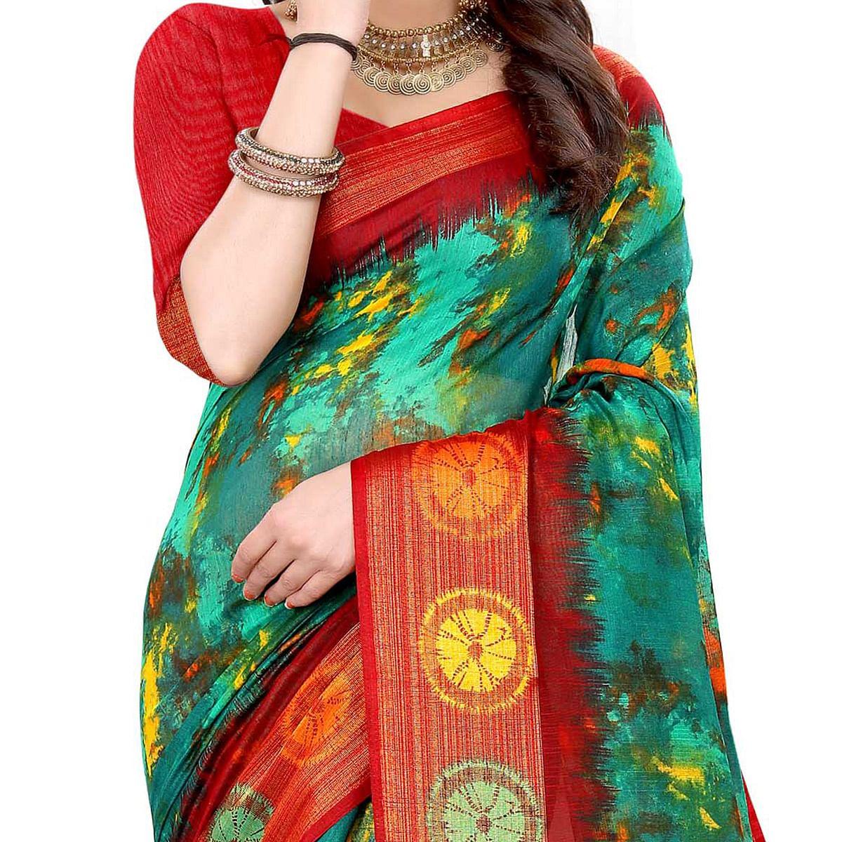 Green Casual Wear Abstract Printed Cotton Linen Saree - Peachmode