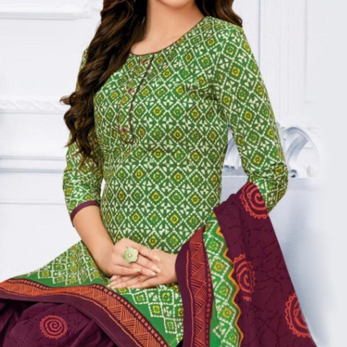 Green Casual Wear Bandhani Batik Printed Cotton Patiala Dress Material - Peachmode