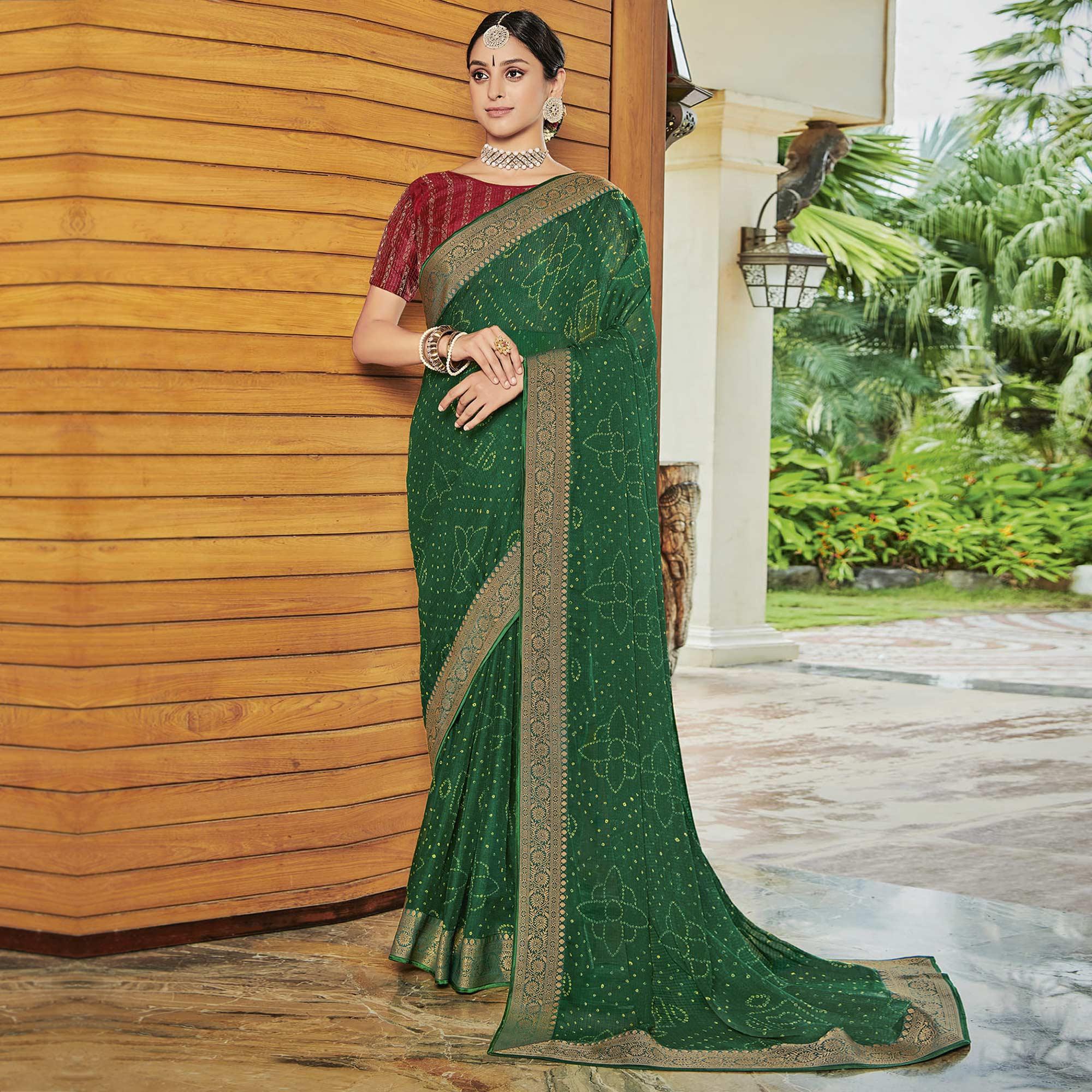 Green Casual Wear Bandhani Printed Chiffon Saree - Peachmode