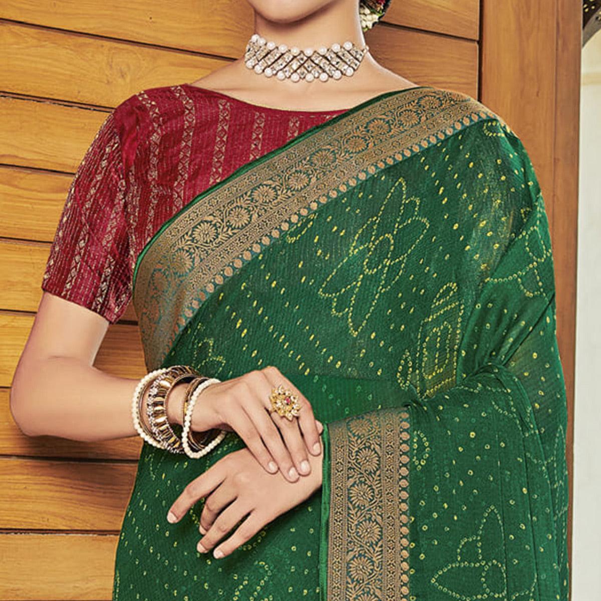 Green Casual Wear Bandhani Printed Chiffon Saree - Peachmode