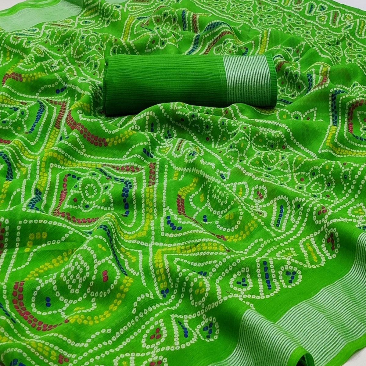 Green Casual Wear Bandhani Printed Chiffon Saree - Peachmode