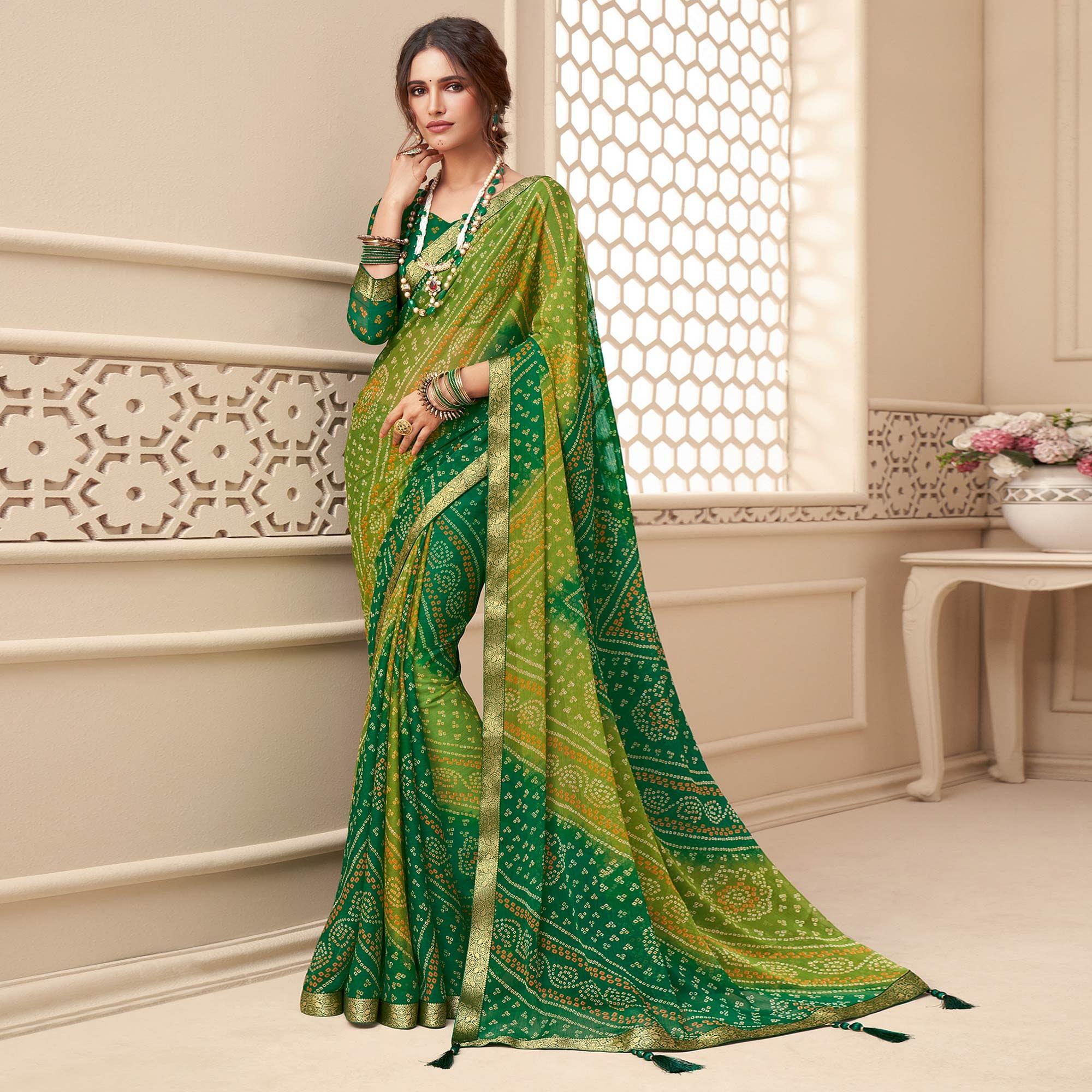 Green Casual Wear Bandhani Printed Chiffon Saree With Tassels - Peachmode
