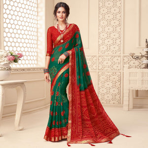 Green Casual Wear Bandhani Printed Chiffon Saree With Tassels - Peachmode