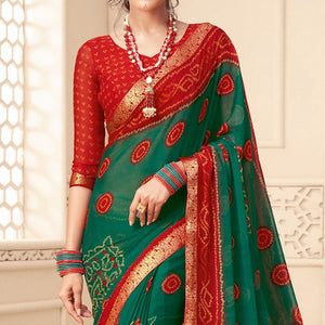 Green Casual Wear Bandhani Printed Chiffon Saree With Tassels - Peachmode