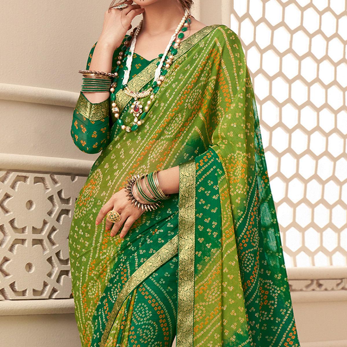 Green Casual Wear Bandhani Printed Chiffon Saree With Tassels - Peachmode