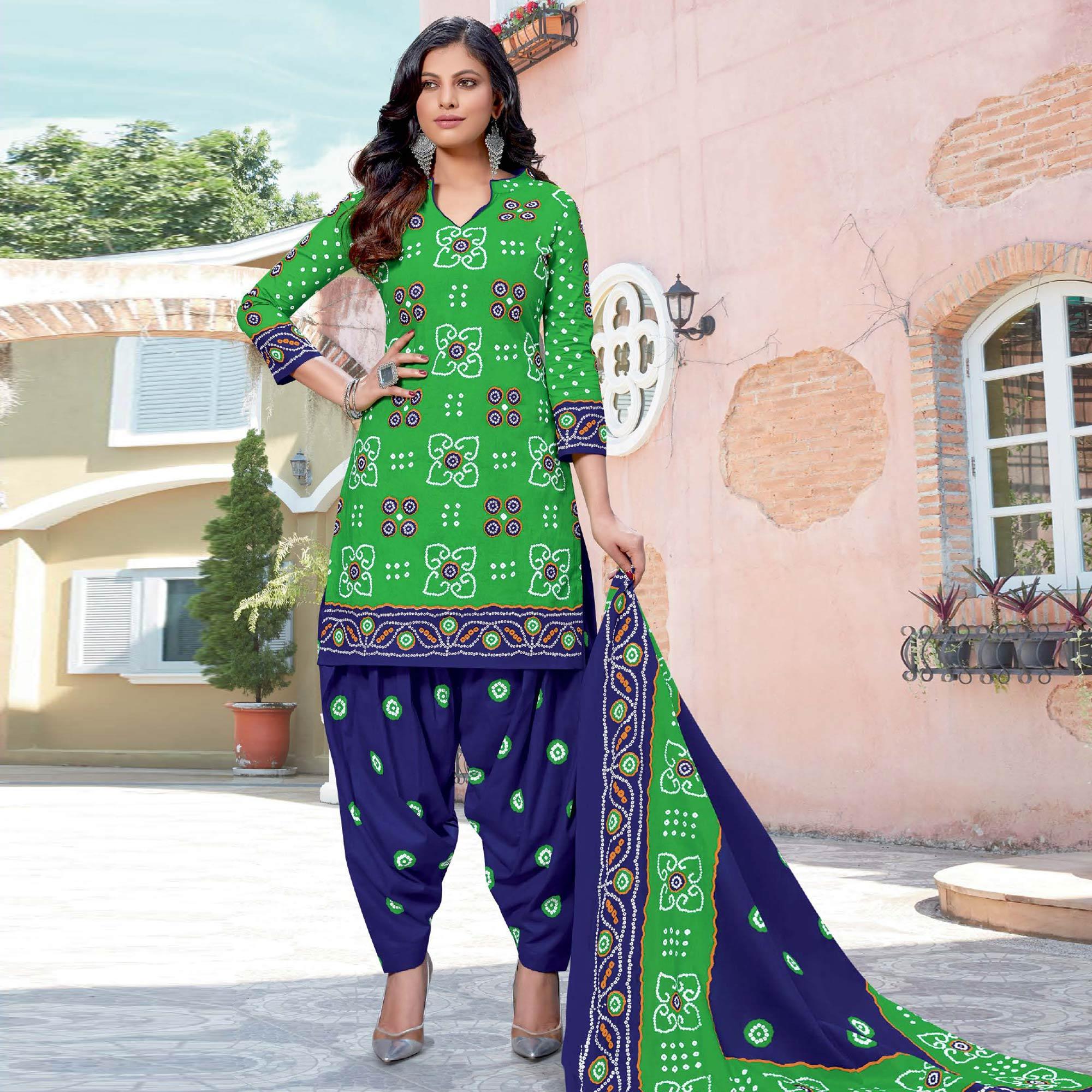 Green Casual Wear Bandhani Printed Cotton Dress Material - Peachmode