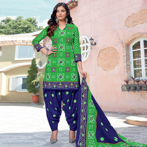 Green Casual Wear Bandhani Printed Cotton Dress Material - Peachmode