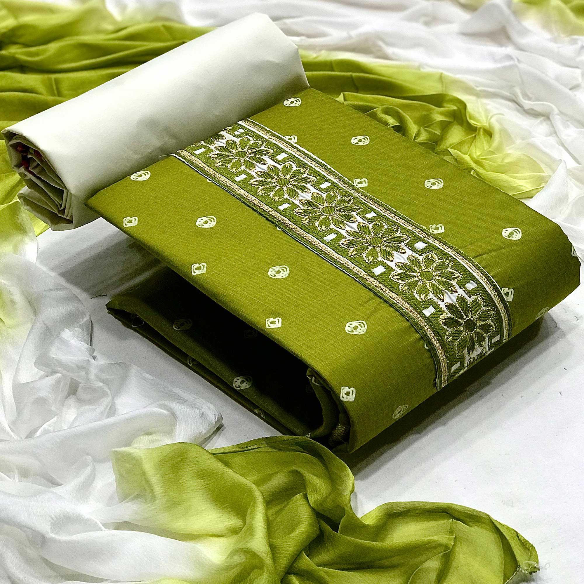 Green Casual Wear Bandhani Printed Cotton Dress Material - Peachmode