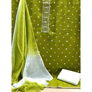 Green Casual Wear Bandhani Printed Cotton Dress Material - Peachmode