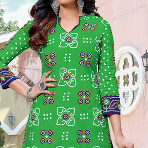 Green Casual Wear Bandhani Printed Cotton Dress Material - Peachmode