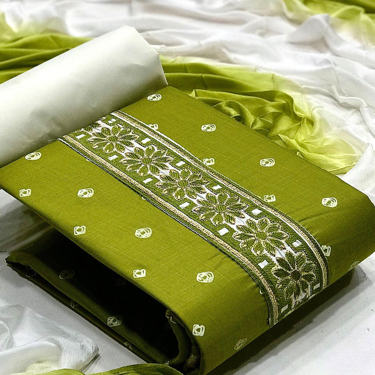 Green Casual Wear Bandhani Printed Cotton Dress Material - Peachmode