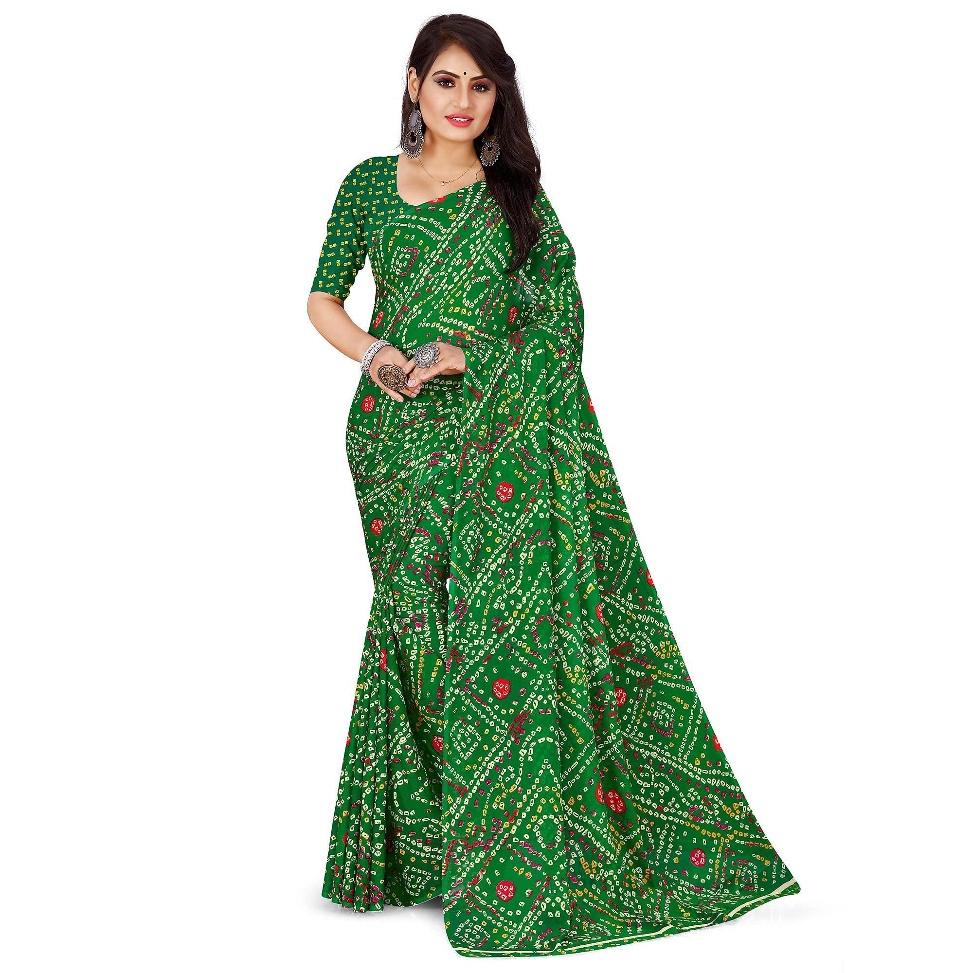 Green Casual Wear Bandhani Printed Georgette Saree - Peachmode