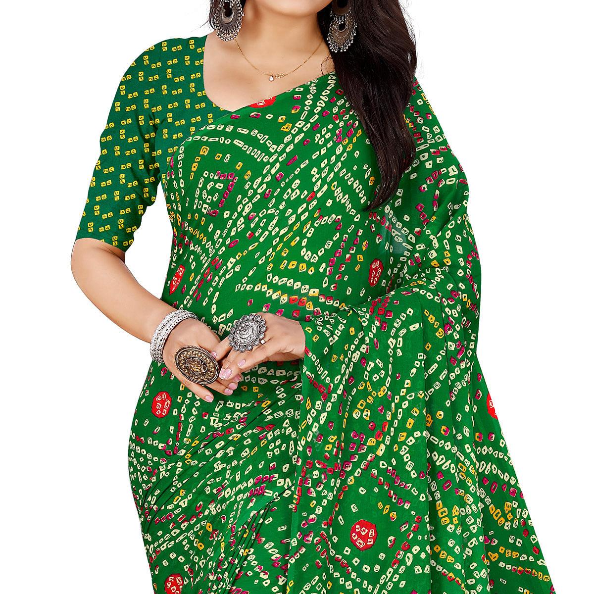Green Casual Wear Bandhani Printed Georgette Saree - Peachmode