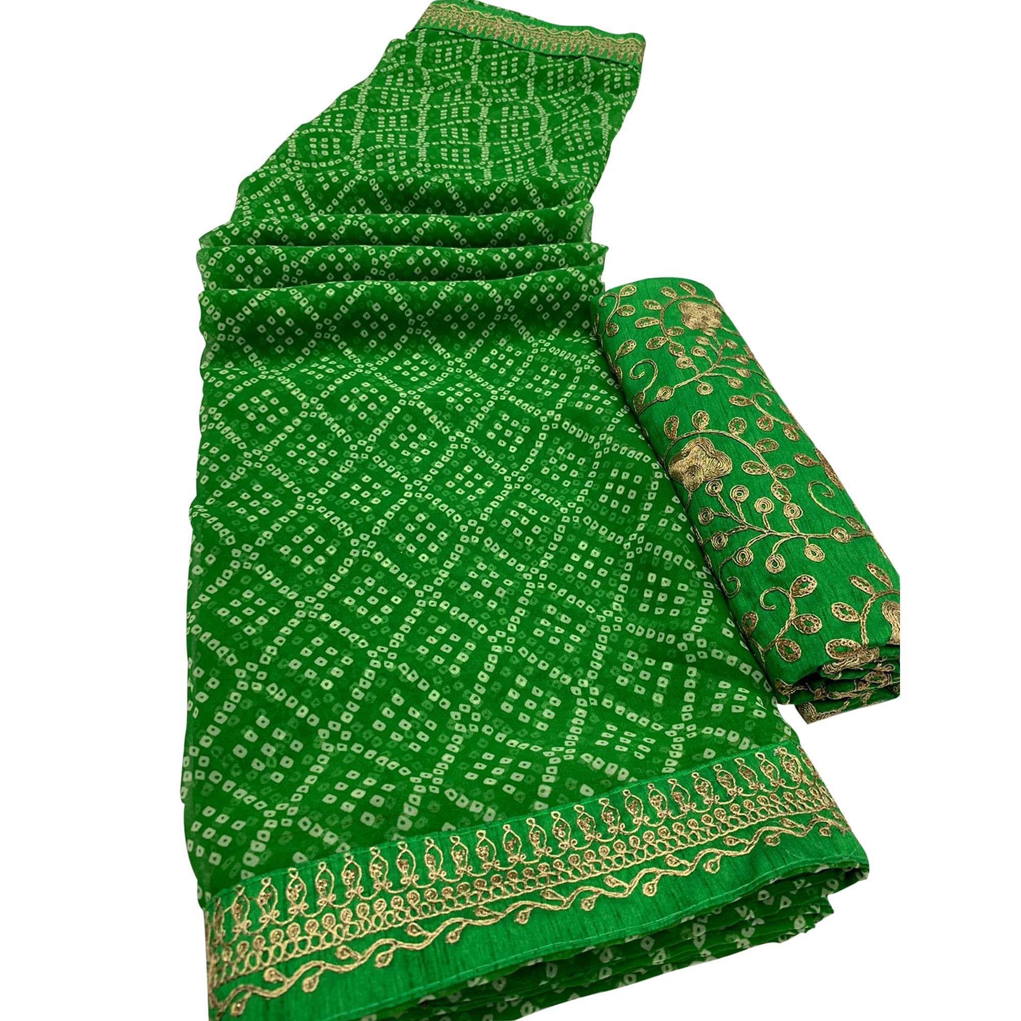 Green Casual Wear Bandhani Printed Georgette Saree - Peachmode