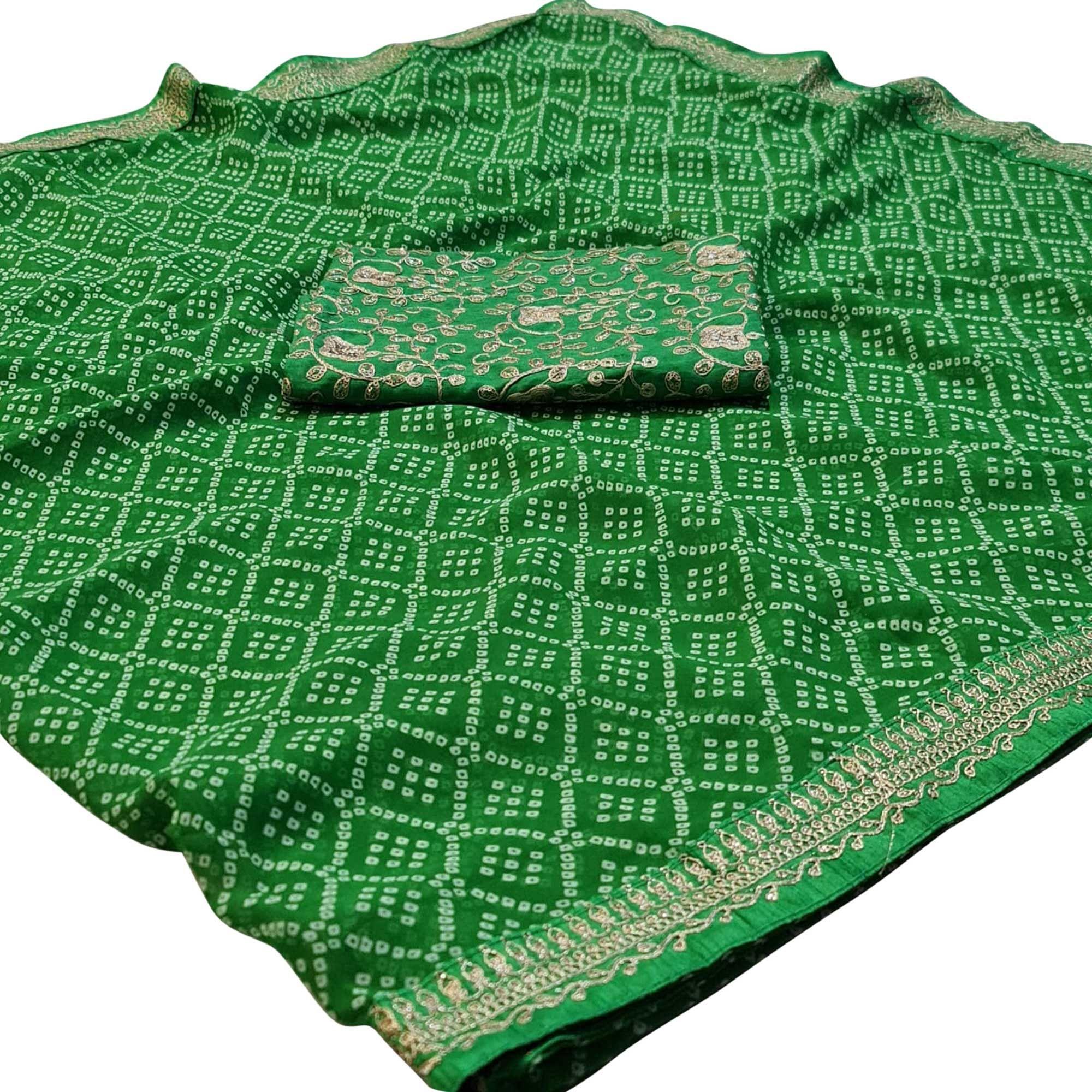 Green Casual Wear Bandhani Printed Georgette Saree - Peachmode