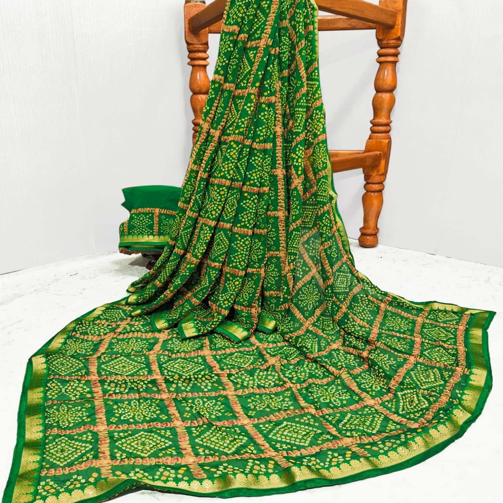 Green Casual Wear Bandhani Printed Georgette Saree With Designer Border - Peachmode