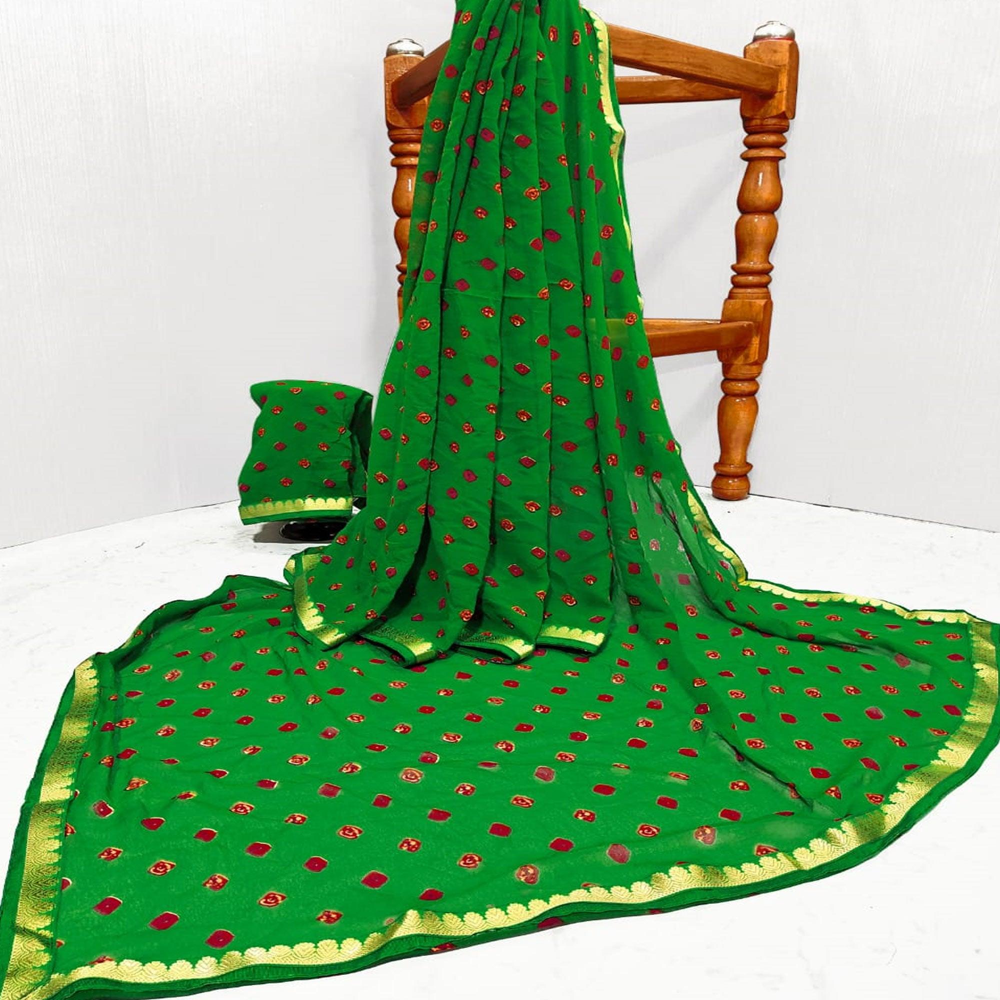 Green Casual Wear Bandhani Printed Georgette Saree With Designer Border - Peachmode