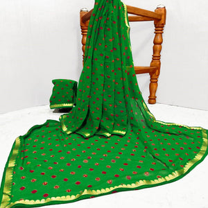 Green Casual Wear Bandhani Printed Georgette Saree With Designer Border - Peachmode