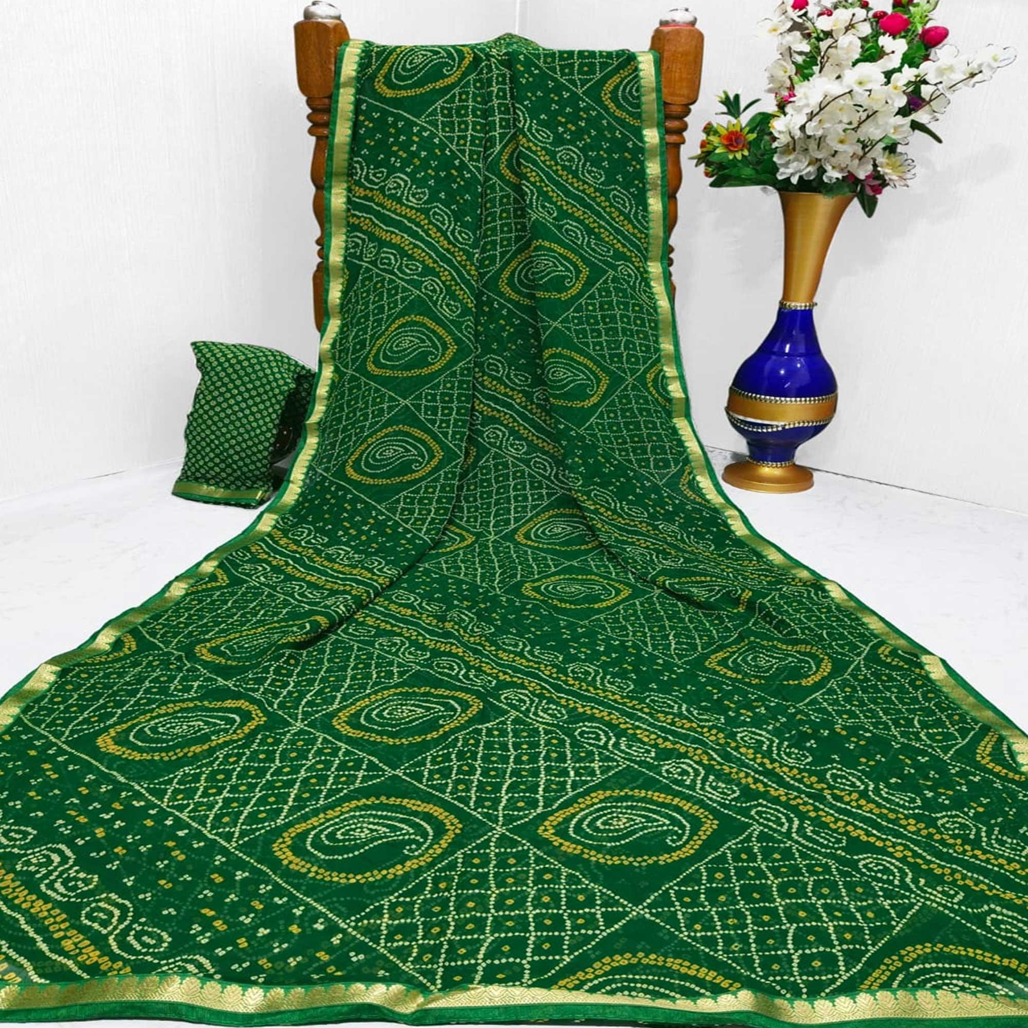 Green Casual Wear Bandhani Printed Georgette Saree With Designer Border - Peachmode
