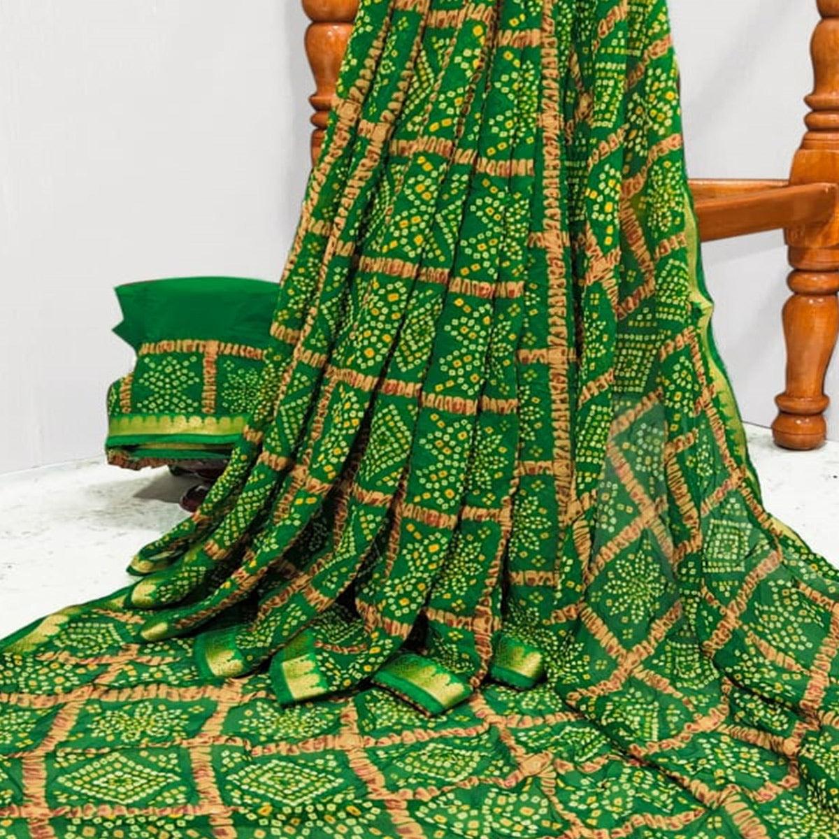 Green Casual Wear Bandhani Printed Georgette Saree With Designer Border - Peachmode
