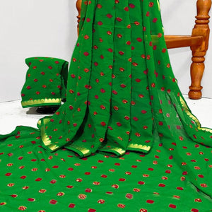Green Casual Wear Bandhani Printed Georgette Saree With Designer Border - Peachmode