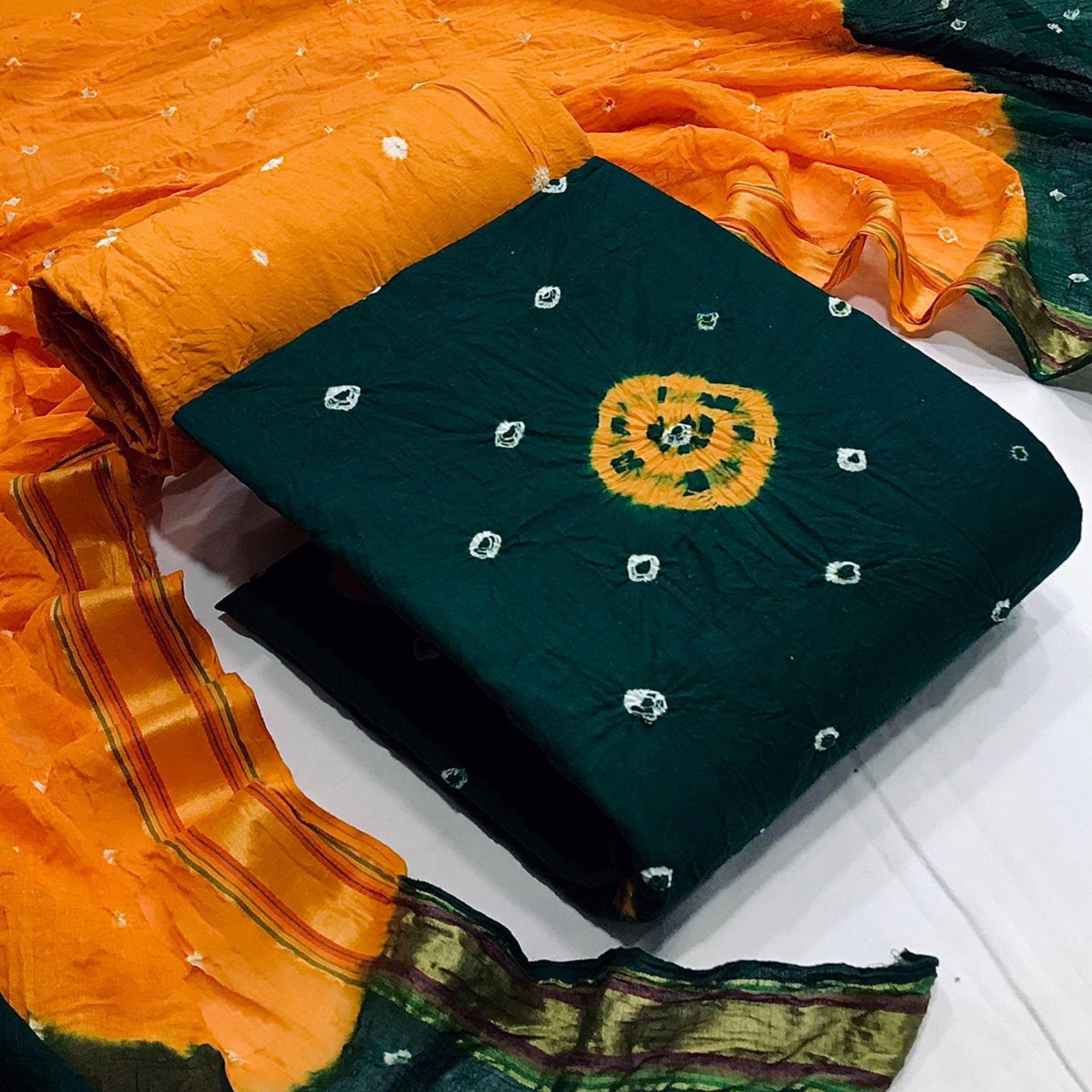 Green Casual Wear Bandhani Printed Pure Cotton Dress Material - Peachmode