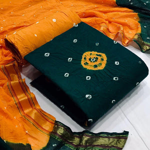 Green Casual Wear Bandhani Printed Pure Cotton Dress Material - Peachmode