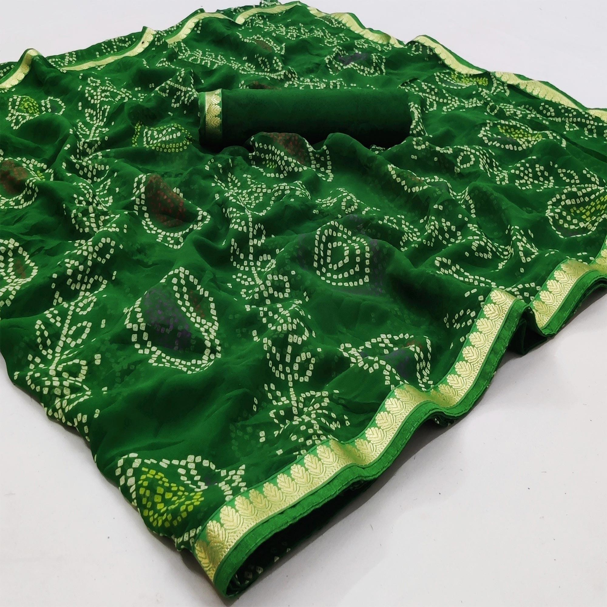 Green Casual Wear Bandhani Printed Soft Georgette Saree With Fancy Border - Peachmode