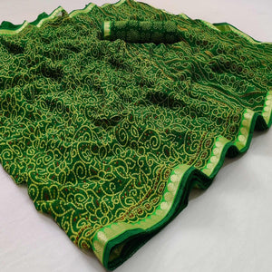 Green Casual Wear Bandhani Printed Soft Georgette Saree With Fancy Border - Peachmode