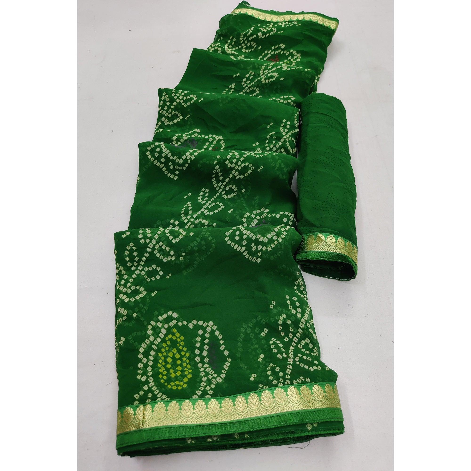 Green Casual Wear Bandhani Printed Soft Georgette Saree With Fancy Border - Peachmode