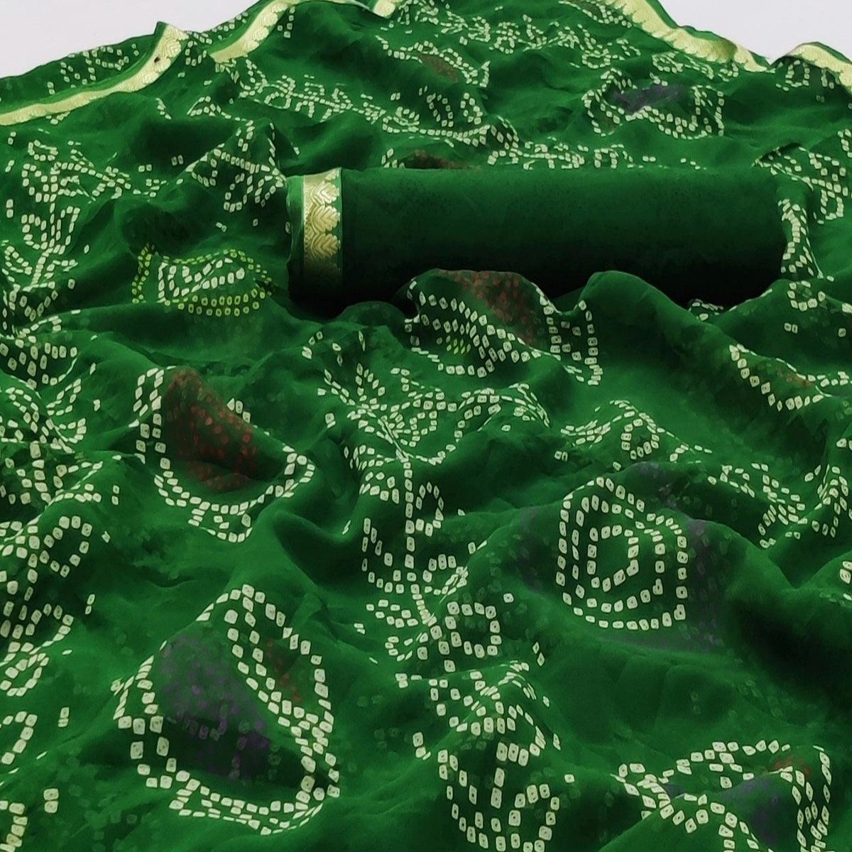 Green Casual Wear Bandhani Printed Soft Georgette Saree With Fancy Border - Peachmode