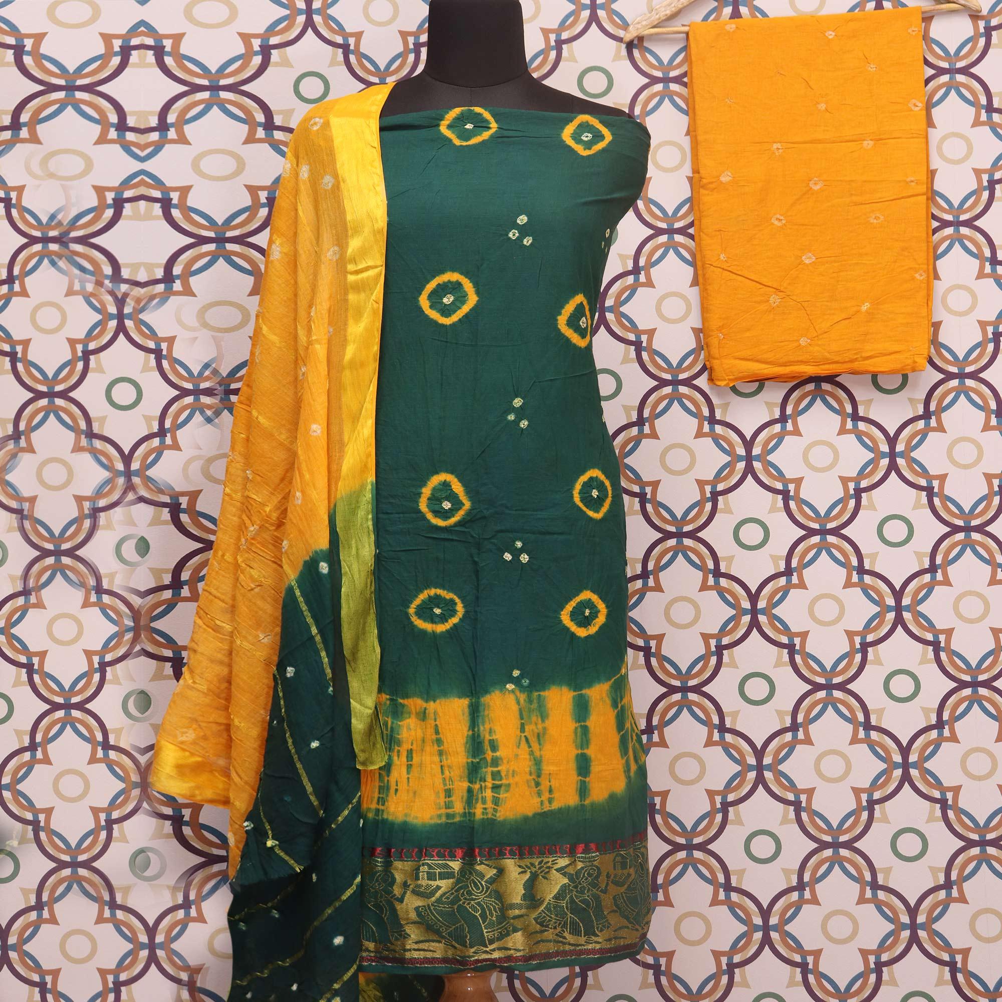 Green Casual Wear Bandhej And Woven Pure Cotton Dress Material - Peachmode