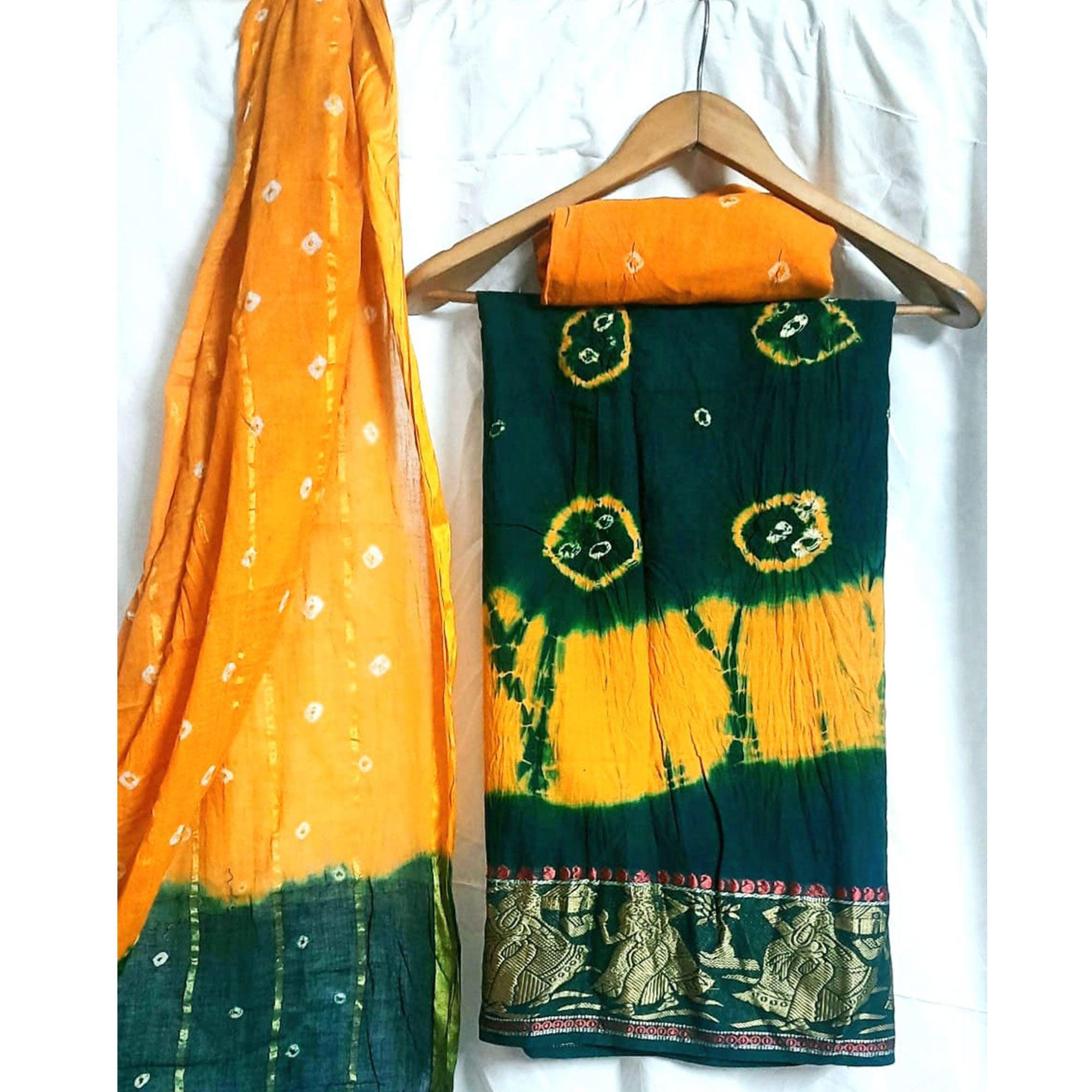 Green Casual Wear Bandhej And Woven Pure Cotton Dress Material - Peachmode
