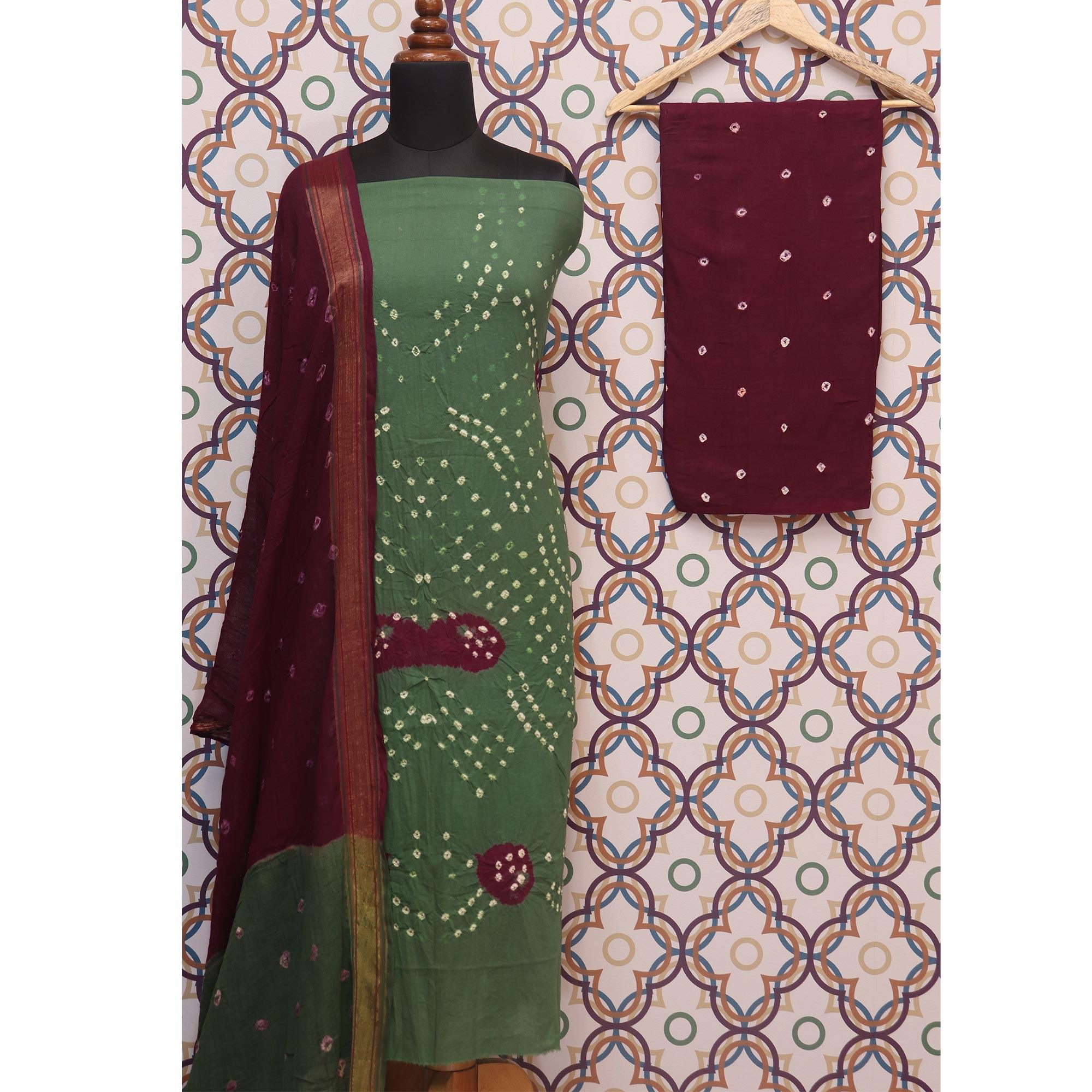 Green Casual Wear Bandhej And Woven Pure Cotton Dress Material - Peachmode