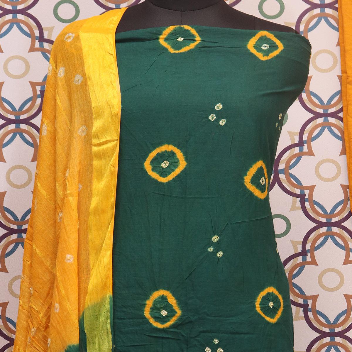 Green Casual Wear Bandhej And Woven Pure Cotton Dress Material - Peachmode