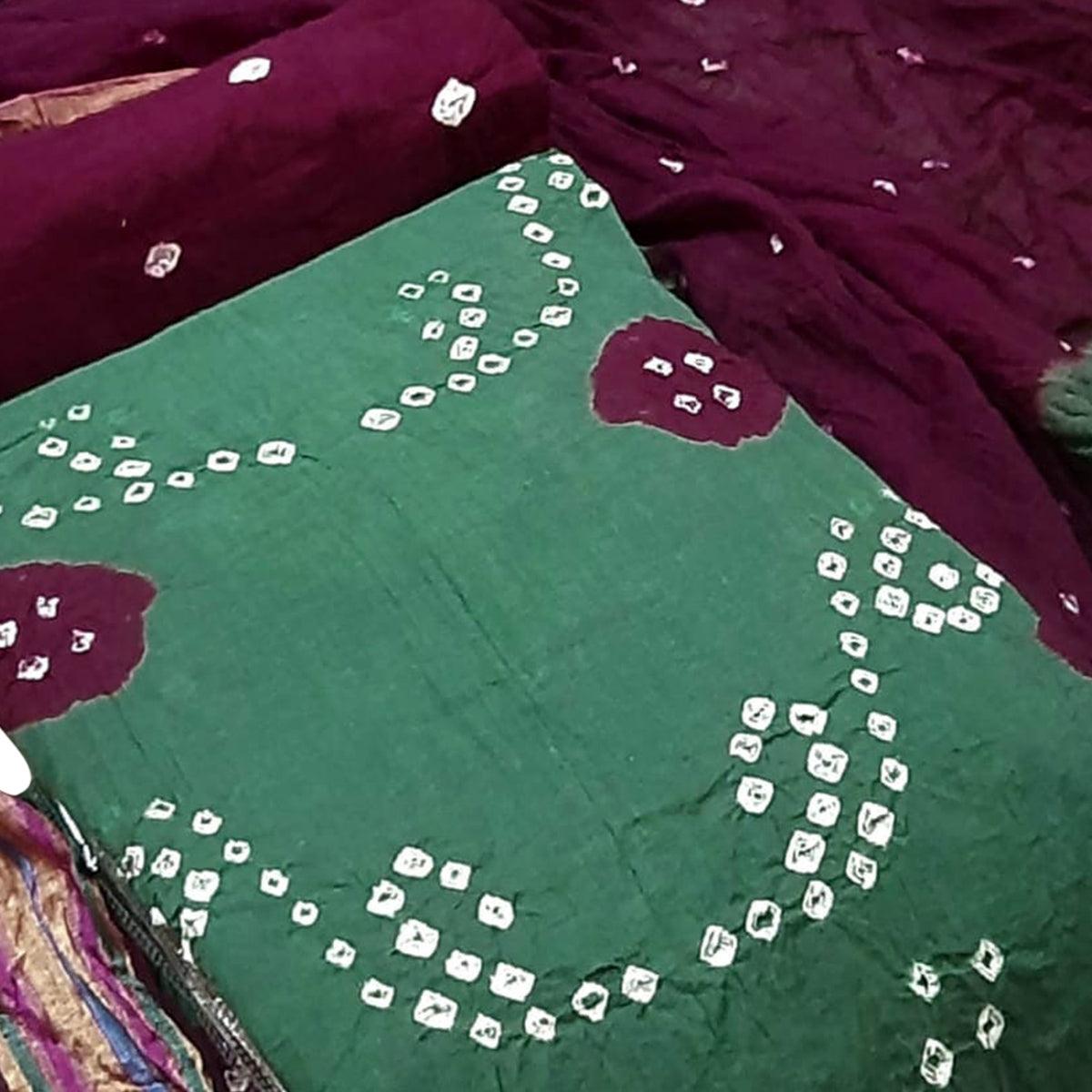 Green Casual Wear Bandhej And Woven Pure Cotton Dress Material - Peachmode