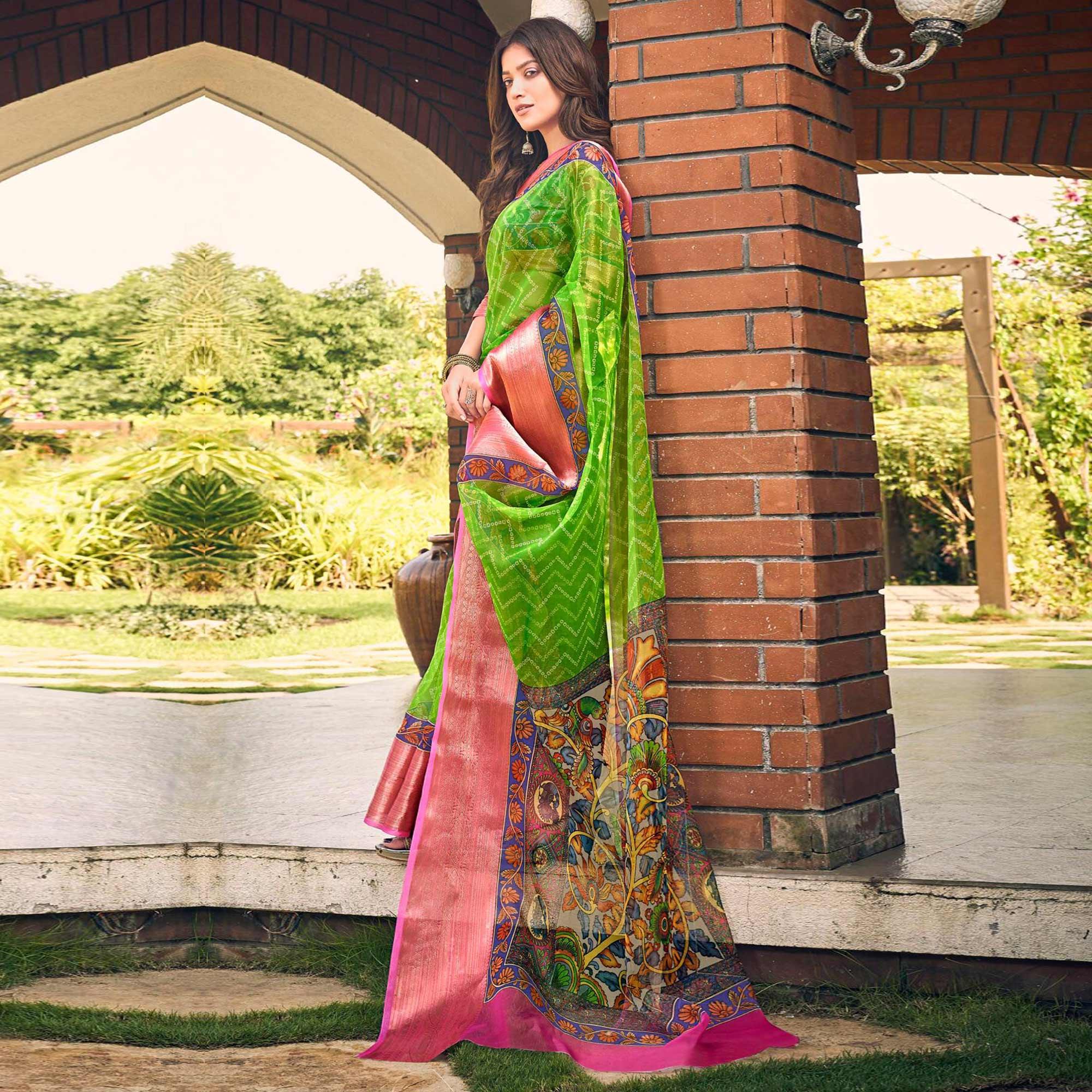 Green Casual Wear Bandhej Printed Kalamkari Silk Saree - Peachmode