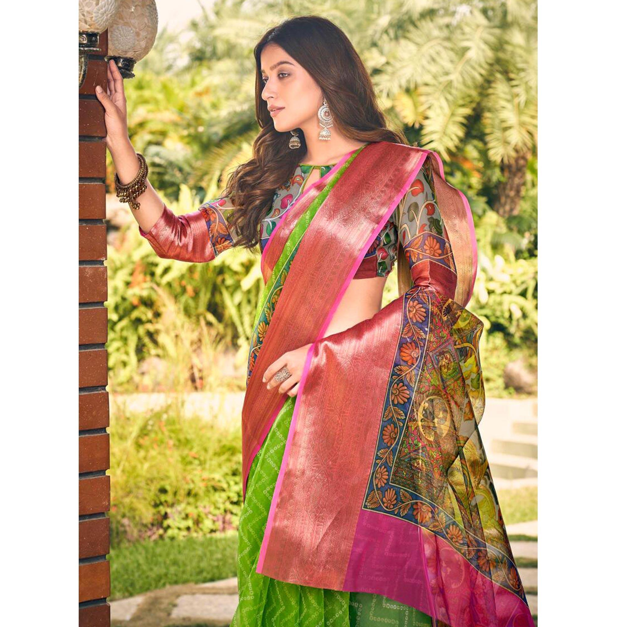 Green Casual Wear Bandhej Printed Kalamkari Silk Saree - Peachmode