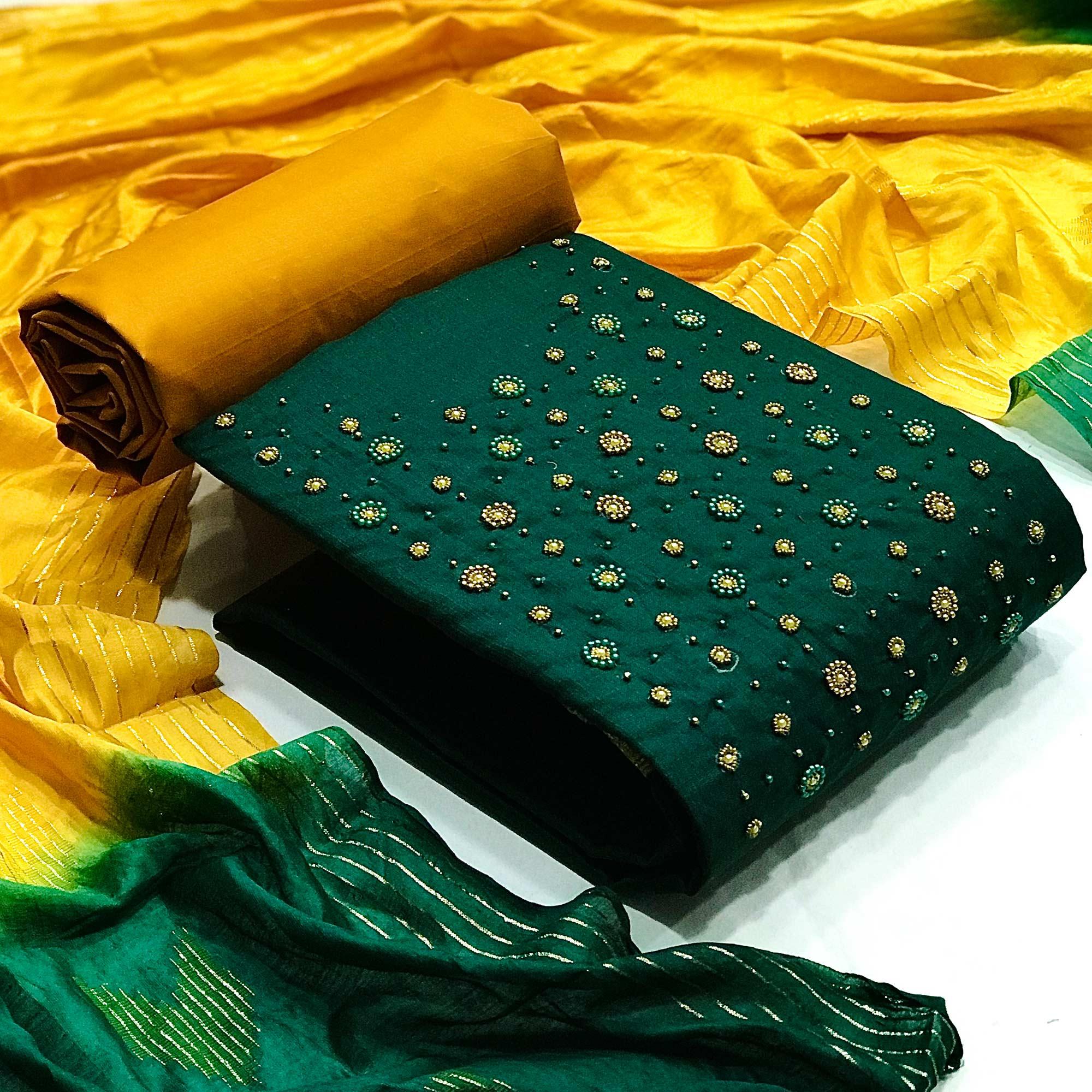 Green Casual Wear Beads Handwork Pure Cotton Dress Material - Peachmode