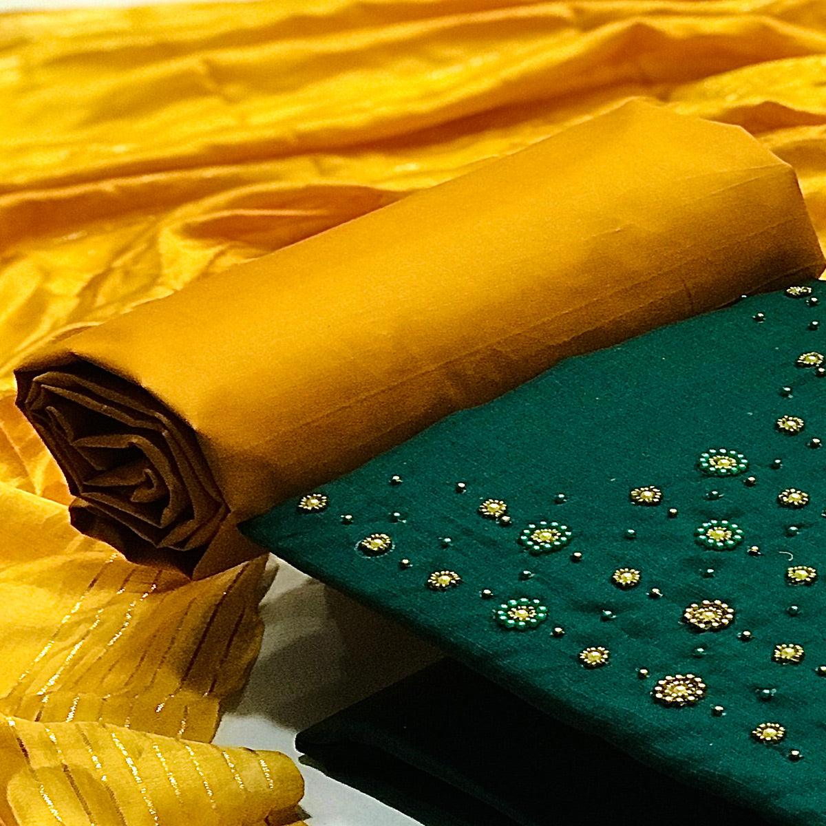 Green Casual Wear Beads Handwork Pure Cotton Dress Material - Peachmode