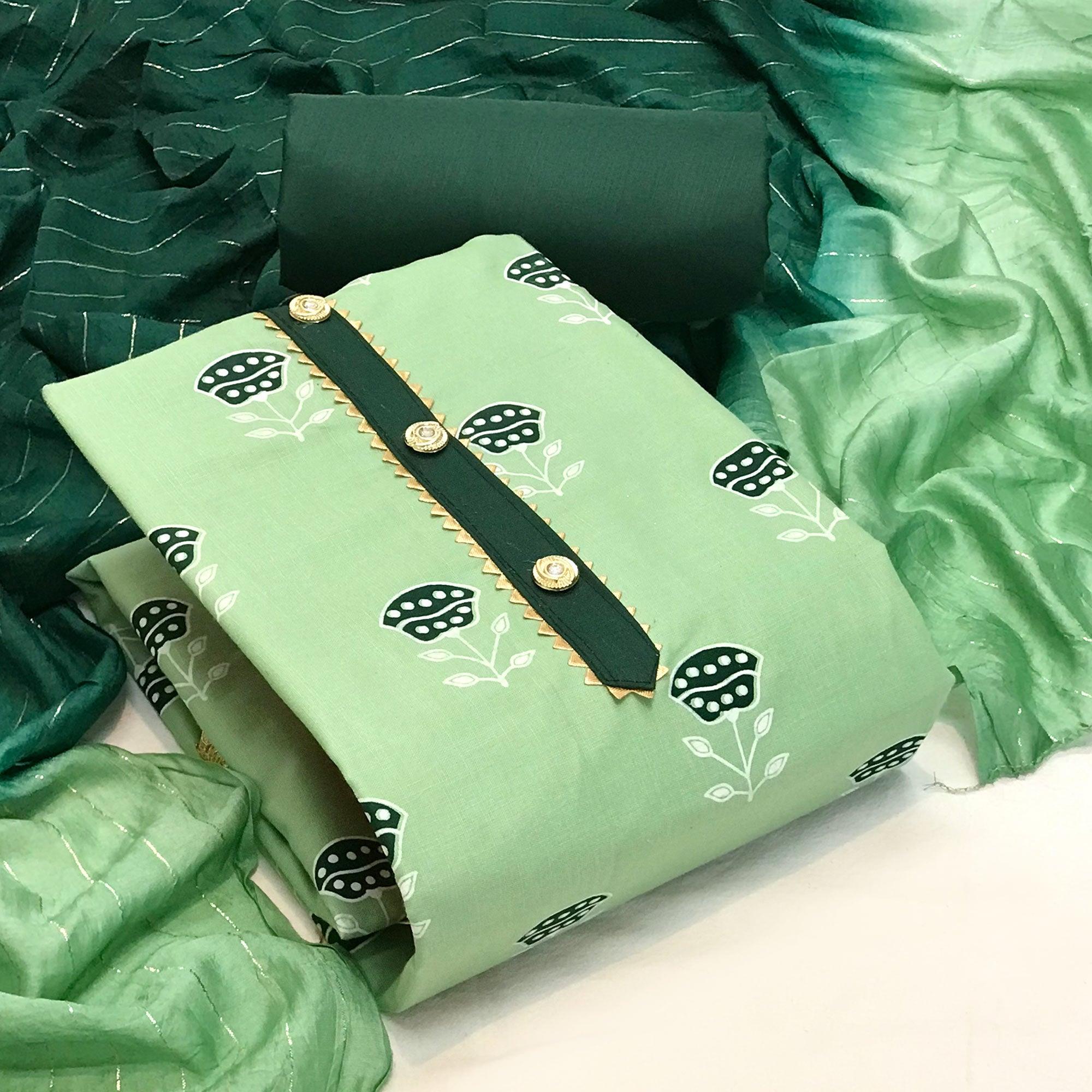 Green Casual Wear Block Printed Cotton Dress Material - Peachmode