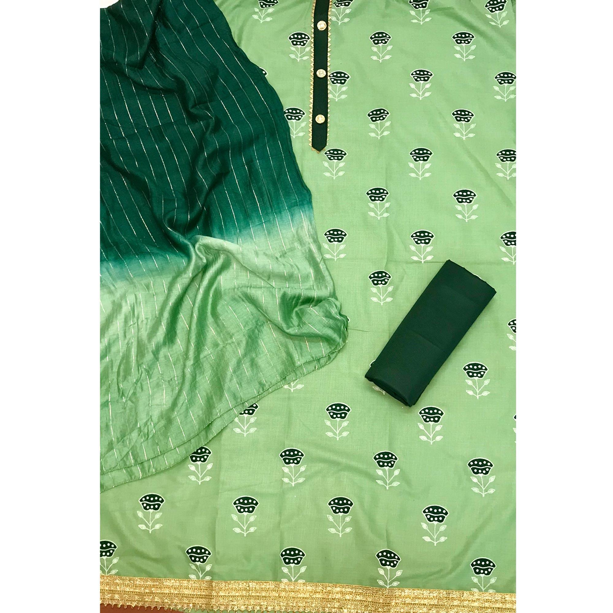 Green Casual Wear Block Printed Cotton Dress Material - Peachmode