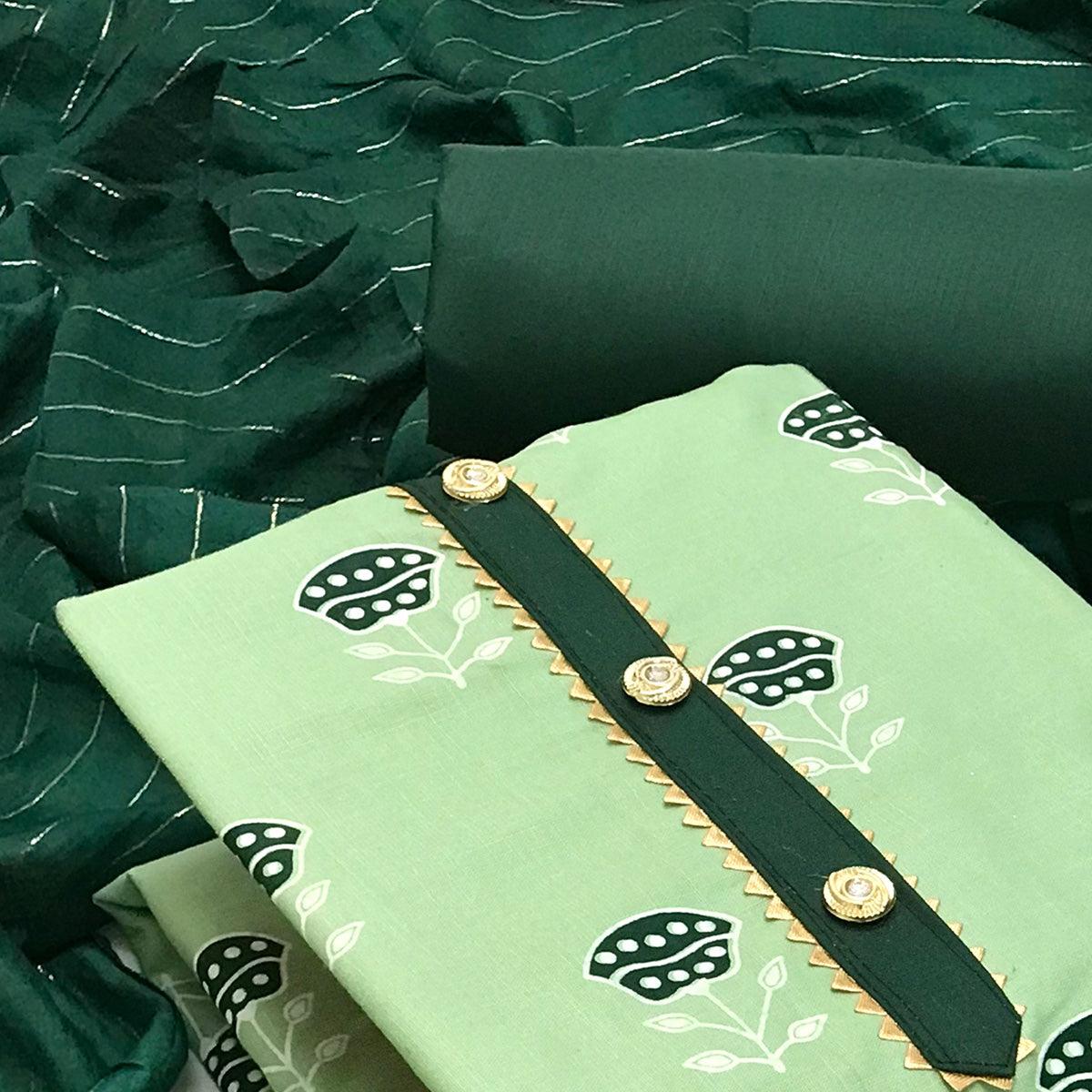 Green Casual Wear Block Printed Cotton Dress Material - Peachmode