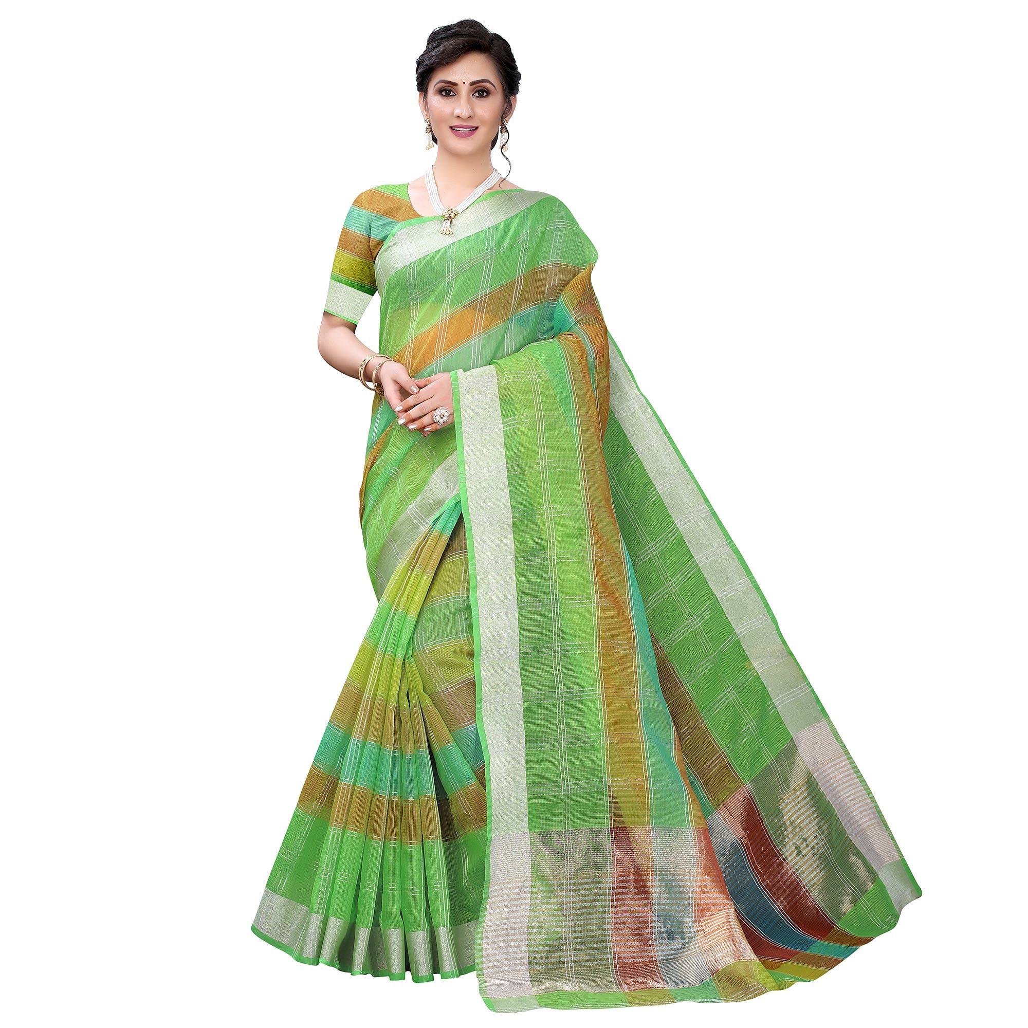 Green Casual Wear Checks Printed Silk Saree With Border - Peachmode